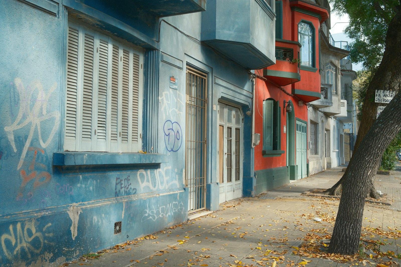 Colorful buildings line a tree-lined street with fallen leaves
