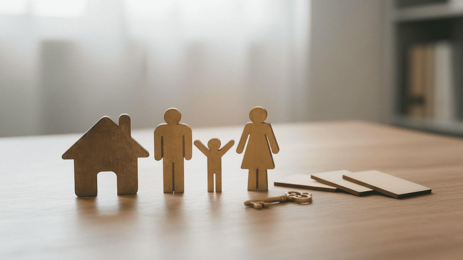 Wooden family figures and house with keys on table